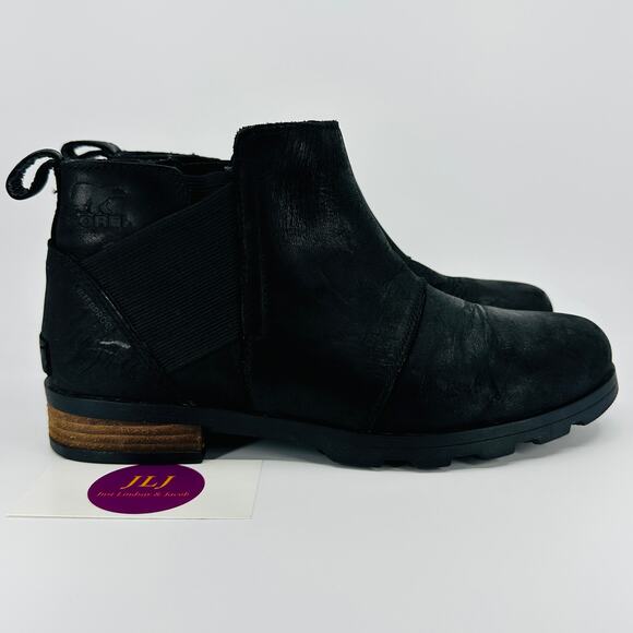 Sorel Women's Emelie Chelsea Black Waterproof Leather Ankle Boots Size 8 - Picture 1 of 11
